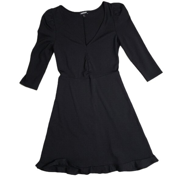 Express Fit & Flare Black V-Neck 3/4 Puff Sleeve w/Ruffle Hem Dress Size XS - Picture 1 of 6